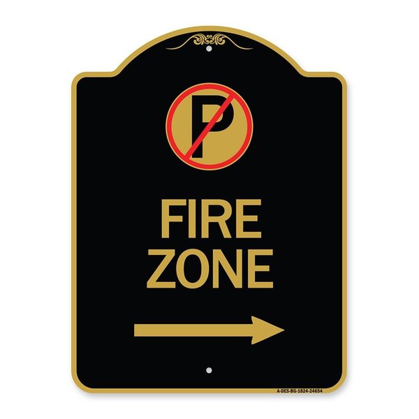 Amistad 18 x 24 in. Designer Series Sign - Fire Zone with No Parking Symbol & Right Arrow, Black & Gold AM2180537